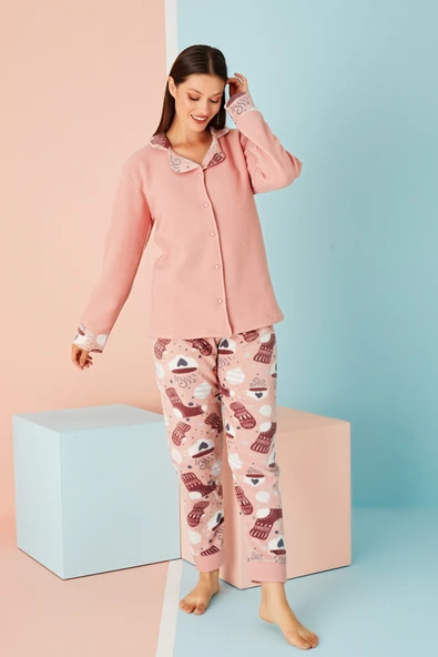 Nisanca Kadın Kışlık Welsoft Peluş Polar  Düğmeli Pijama Takımı - 12