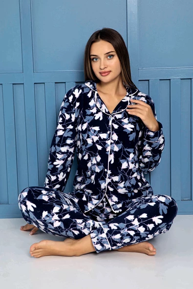 Nisanca Kadın Kışlık Welsoft Peluş Polar  Düğmeli Pijama Takımı - 11