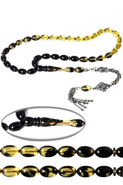 Sertifikalı Siyah Şeffaf Renkli Burgulu Püskül Hüzmesi Ateş Kehribar Tesbih - Resim 3