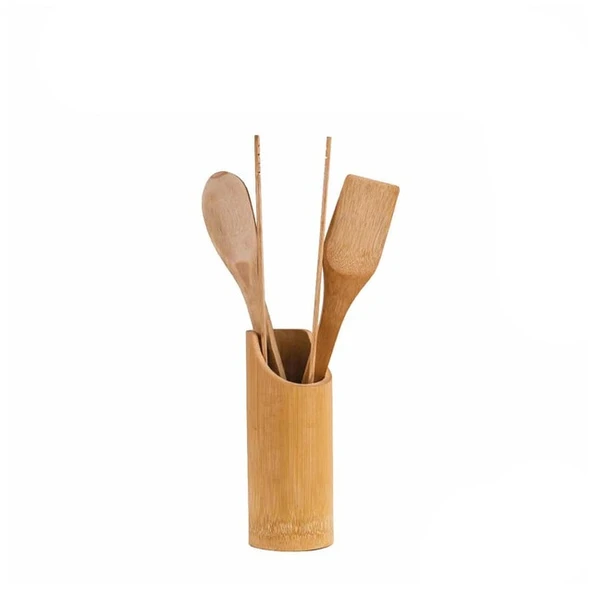 Standlı Bambu Kaşık Seti 4 Parça - Maşa - Kaşık - Spatula - 2