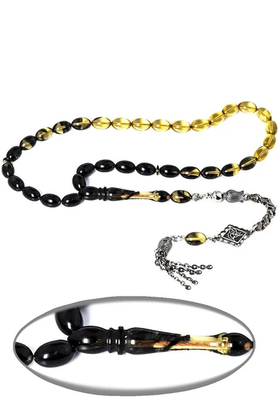 Sertifikalı Siyah Şeffaf Renkli Burgulu Püskül Hüzmesi Ateş Kehribar Tesbih - Resim 2