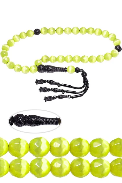 Sertifikalı Siyah Nikel Püsküllü Yeşil Doğal Kedi Taşı Gözü Tesbih ürün görseli