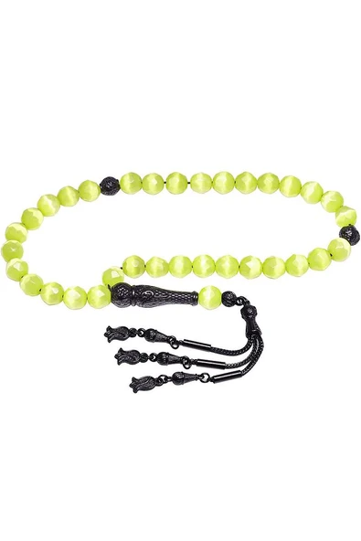 Sertifikalı Siyah Nikel Püsküllü Yeşil Doğal Kedi Taşı Gözü Tesbih - Resim 4