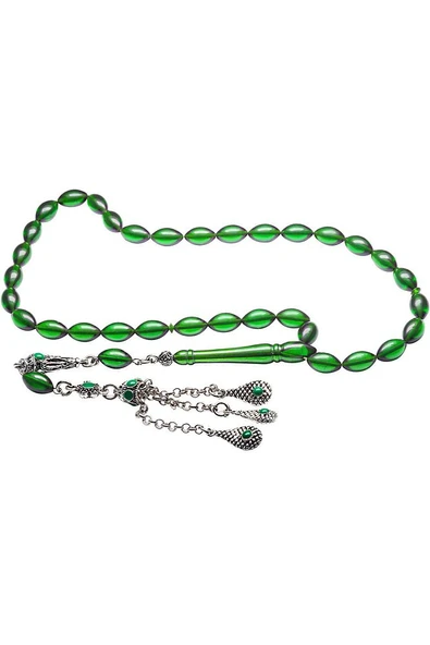 Sertifikalı Yeşil Renkli Halep Püsküllü Ateş Kehribar Tesbih - Resim 5