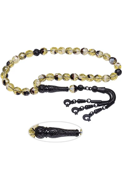 Sertifikalı Gerçek Siyah Sarı Renkli Doğal Kuvars Taşı Tesbih - Resim 2