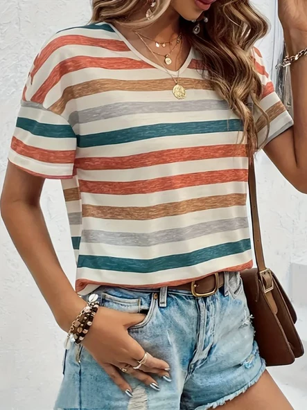 Kadın kısa kollu v yaka çizgili süprem t-shirt - 2