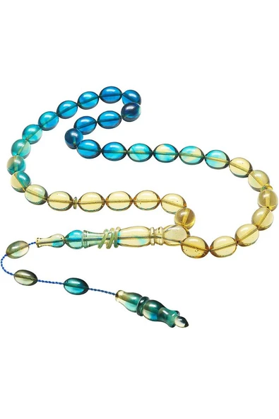 Sertifikalı Sistemli Halkalı Mavi Şeffaf Renk Geçişli Ateş Kehribar Tesbih - Resim 5