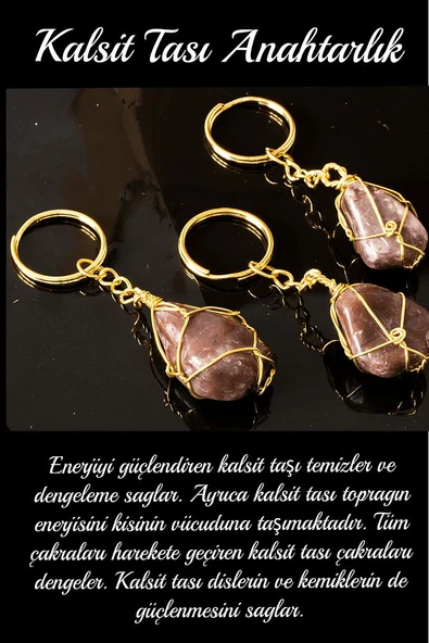 Sertifikalı Tel Sargılı Kırmızı Kalsit Taşı Anahtarlık - Altın Kaplama - 2