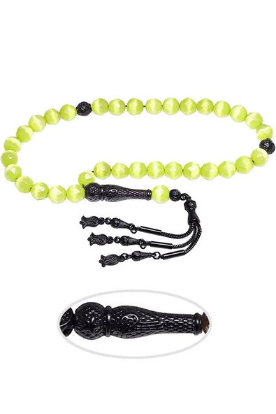 Sertifikalı Siyah Nikel Püsküllü Yeşil Doğal Kedi Taşı Gözü Tesbih - Resim 3