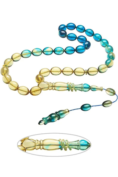 Sertifikalı Sistemli Halkalı Mavi Şeffaf Renk Geçişli Ateş Kehribar Tesbih - Resim 3