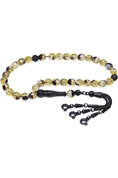 Sertifikalı Gerçek Siyah Sarı Renkli Doğal Kuvars Taşı Tesbih - Resim 3