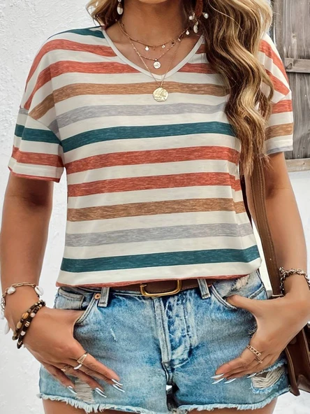 Kadın kısa kollu v yaka çizgili süprem t-shirt - 5