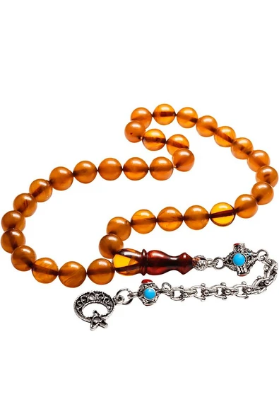 Halep Püsküllü Küre Kesim Kayısı Renk Sıkma Kehribar Tesbih - Resim 3