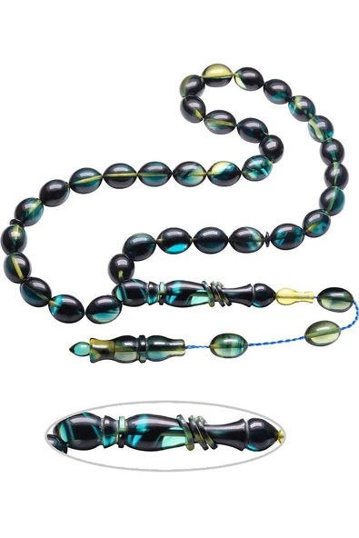 Sistemli Tombul Beyzi Kesim Halkalı Koyu Mavi Renkli Sıkma Kehribar Tesbih - Resim 2