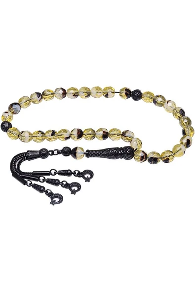 Sertifikalı Gerçek Siyah Sarı Renkli Doğal Kuvars Taşı Tesbih - Resim 4