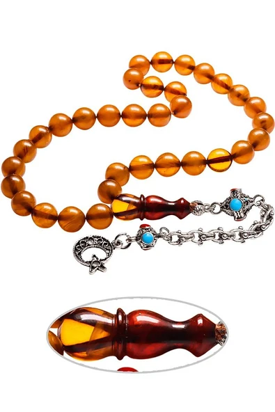 Halep Püsküllü Küre Kesim Kayısı Renk Sıkma Kehribar Tesbih - Resim 2