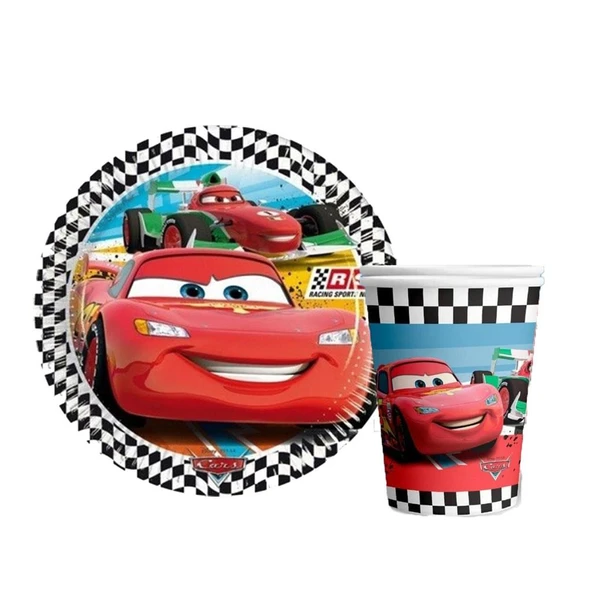 ARABALAR CARS (ŞİMŞEK MCQUEEN) TEMALI KARTON TABAK VE BARDAK SETİ 8+8 ADET ürün görseli 1