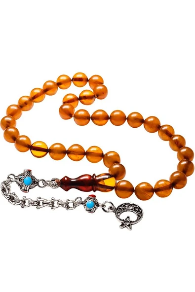 Halep Püsküllü Küre Kesim Kayısı Renk Sıkma Kehribar Tesbih - Resim 4