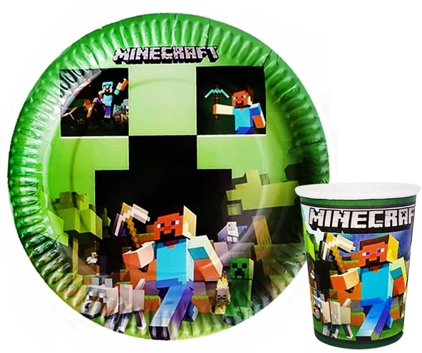 MİNECRAFT TEMALI KARTON TABAK VE BARDAK SETİ 8+8 ADET ürün görseli 1