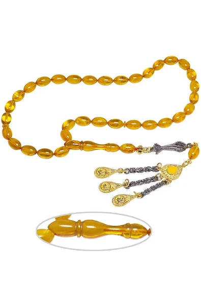 Sertifikalı Koyu Sarı Şeffaf Renkli Sıkma Kehribar Tesbih - Resim 2