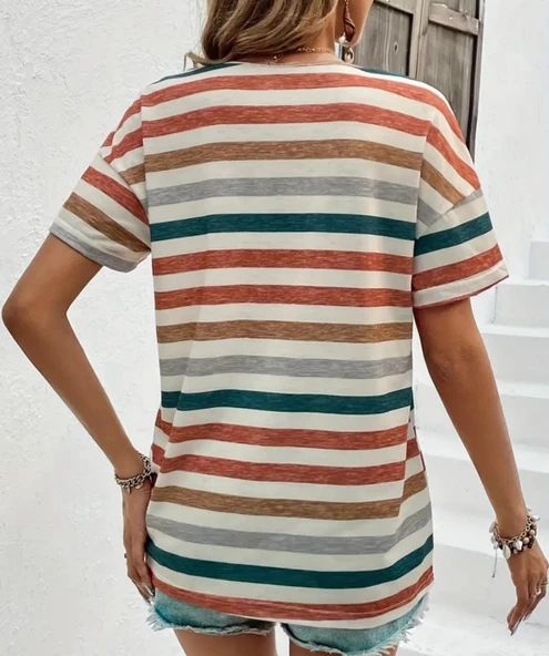 Kadın kısa kollu v yaka çizgili süprem t-shirt - 3