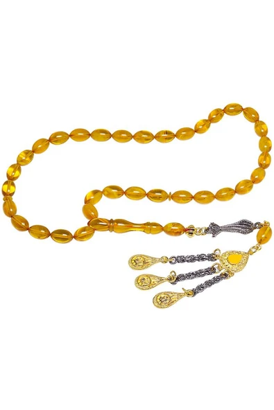 Sertifikalı Koyu Sarı Şeffaf Renkli Sıkma Kehribar Tesbih - Resim 3