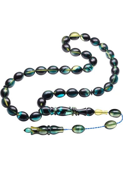 Sistemli Tombul Beyzi Kesim Halkalı Koyu Mavi Renkli Sıkma Kehribar Tesbih - Resim 3