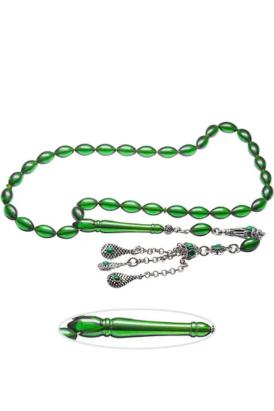 Sertifikalı Yeşil Renkli Halep Püsküllü Ateş Kehribar Tesbih - Resim 3