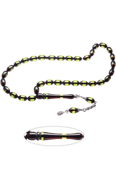 Sertifikalı Yeşil Siyah Sürmeli Toz Kehribar Tesbih - Resim 4