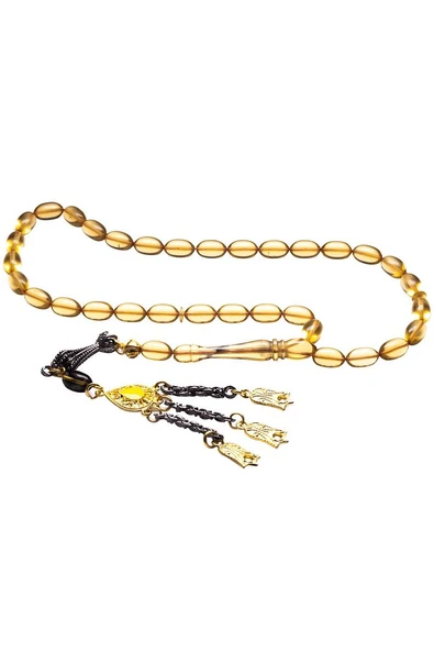 Bal Sarısı Renkli Şeffaf Ateş Kehribar Tesbih - 4