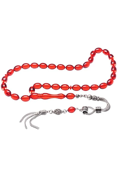 Kırmızı Renkli Burgulu Püsküllü Ateş Kehribar Tesbih - Resim 3