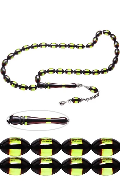 Sertifikalı Yeşil Siyah Sürmeli Toz Kehribar Tesbih - Resim 3