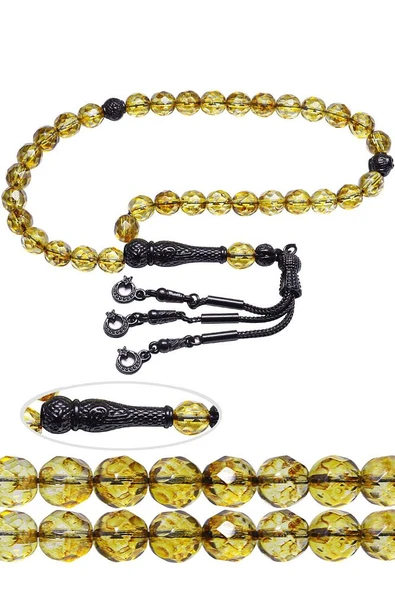 Sertifikalı Siyah Nikel Püsküllü Doğal Sarı Kuvars Taşı Tesbih ürün görseli