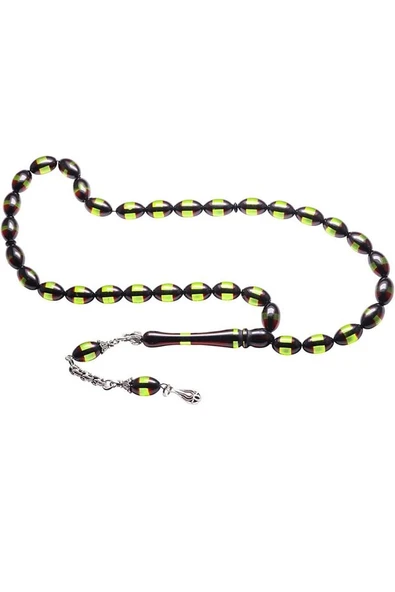 Sertifikalı Yeşil Siyah Sürmeli Toz Kehribar Tesbih - Resim 5