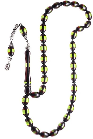 Sertifikalı Yeşil Siyah Sürmeli Toz Kehribar Tesbih - Resim 6