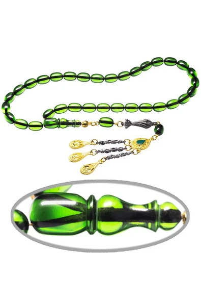 Sertifikalı Yeşil Şeffaf Renkli Ateş Kehribar Tesbih - Resim 3