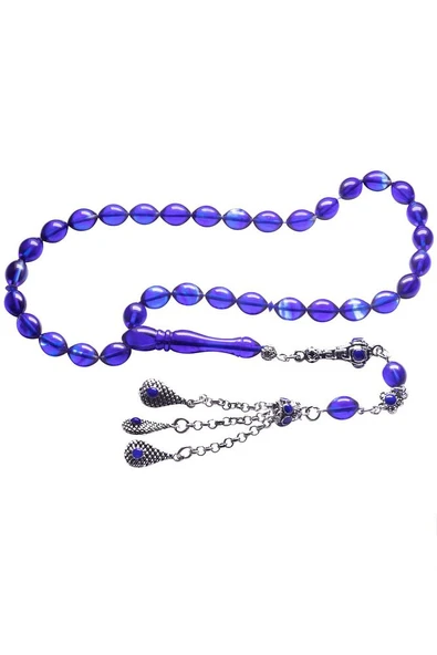 Mavi Renkli Tombul Beyzi Kesim Halep Püsküllü Ateş Kehribar Tesbih - Resim 5