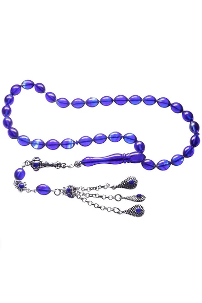 Mavi Renkli Tombul Beyzi Kesim Halep Püsküllü Ateş Kehribar Tesbih - Resim 6