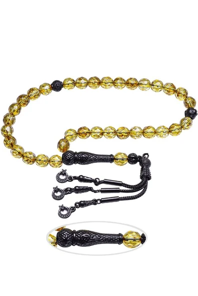 Sertifikalı Siyah Nikel Püsküllü Doğal Sarı Kuvars Taşı Tesbih - Resim 4