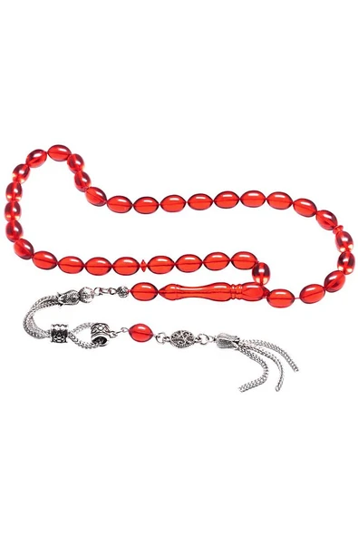 Kırmızı Renkli Burgulu Püsküllü Ateş Kehribar Tesbih - Resim 4