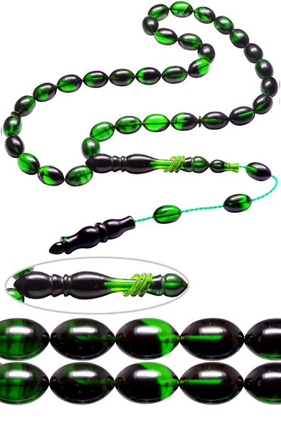 Sertifikalı Sistemli Halkalı Yeşil Siyah Renkli Hareli Ateş Kehribar Tesbih - Resim 3