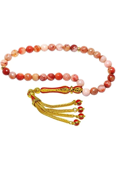 Sertifikalı Telkari Püsküllü Turuncu Doğal Akik Taşı Tesbih - Resim 6