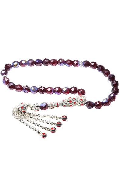 Sertifikalı Beyaz Mineli Telkari Püsküllü Bordo Kuvars Taşı Tesbih - Resim 4