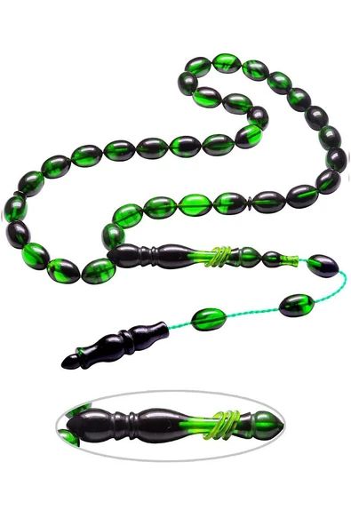 Sertifikalı Sistemli Halkalı Yeşil Siyah Renkli Hareli Ateş Kehribar Tesbih - Resim 2