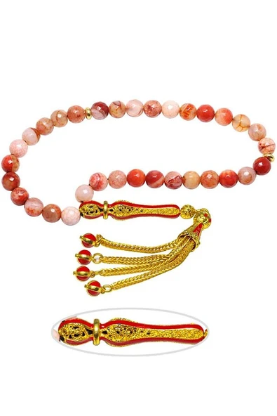 Sertifikalı Telkari Püsküllü Turuncu Doğal Akik Taşı Tesbih - Resim 4