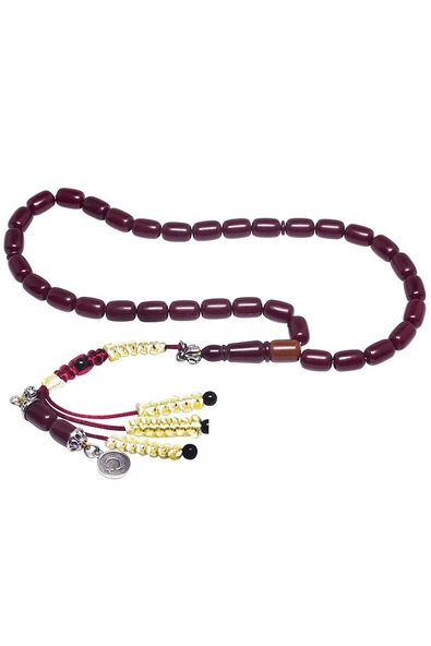 Sertifikalı Bordo Renkli Kapsül Kesim Imame Traşlı Sıkma Kehribar Tesbih - Resim 4