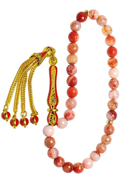 Sertifikalı Telkari Püsküllü Turuncu Doğal Akik Taşı Tesbih - Resim 7