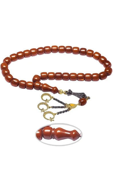 Koyu Kayısı Renkli Sıkma Kehribar Tesbih - Resim 3