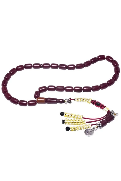 Sertifikalı Bordo Renkli Kapsül Kesim Imame Traşlı Sıkma Kehribar Tesbih - Resim 5