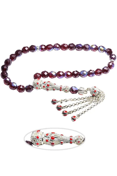 Sertifikalı Beyaz Mineli Telkari Püsküllü Bordo Kuvars Taşı Tesbih - Resim 5